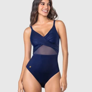 Traje de baño entero con escote cruzado y tela con brillo