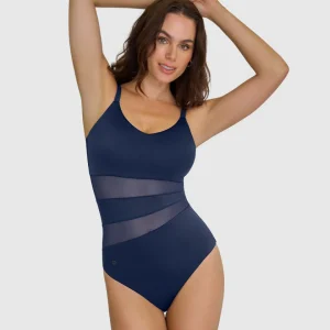Traje de baño entero de compresión con franjas en tul y tela con brillo