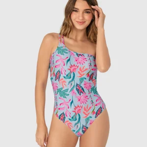 Vestido de baño entero estampado de un solo hombro
